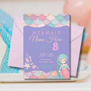 Convites Aniversário da Mermaid Pastel Pink Purple Teal Gir