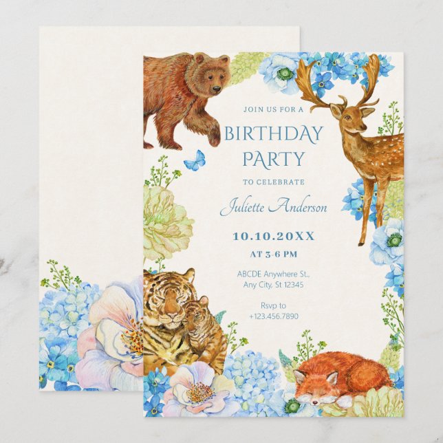 Convites Aniversário da Natureza da Floresta Floral safari (Frente/Verso)