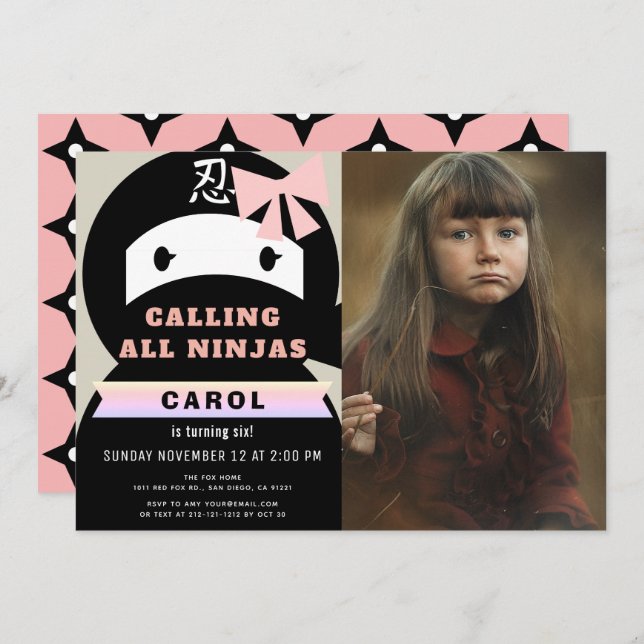 Convites Aniversário da Ninja Pink & Black Girl (Frente/Verso)