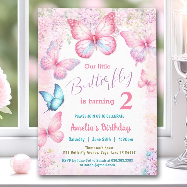 Convites Aniversário da Pequena Borboleta Rosa Floral de Ve (Little Butterfly Pink Floral Summer Girl Birthday Invitation)