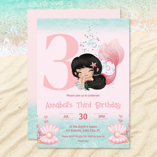 Convites Aniversário da Pequena Sereia Darda Cabelo Rosa (Birthday invitation with cute mermaid with dark hair. For blonde please visit the store :))
