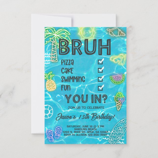 Convites Aniversário da Piscina de praia, néon brilha, te t (Frente)