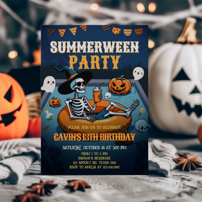Convites Aniversário da Piscina de Summerentre de Halloween (Halloween Pool Summerween Birthday Invitation)