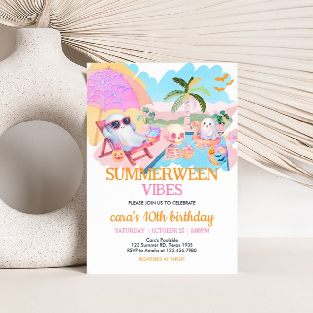 Convites Aniversário da Piscina de Verão (Summerween Halloween Pool Birthday Invitation)