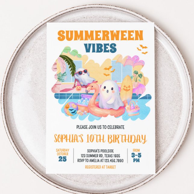 Convites Aniversário da Piscina de Verão (Summerween Halloween Pool Birthday Invitation)