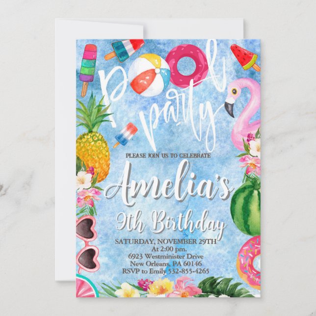 Convites Aniversário da piscina, Festa de Nadação, Qualquer (Frente)