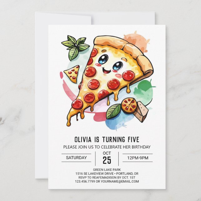 Convites Aniversário da Pizza Personalizada da Aquarela (Frente)