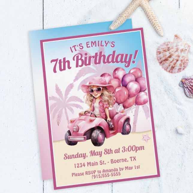 Convites Aniversário da Praia Convertível Rosa (A fun birthday invitation for a special girl's beach birthday party.)