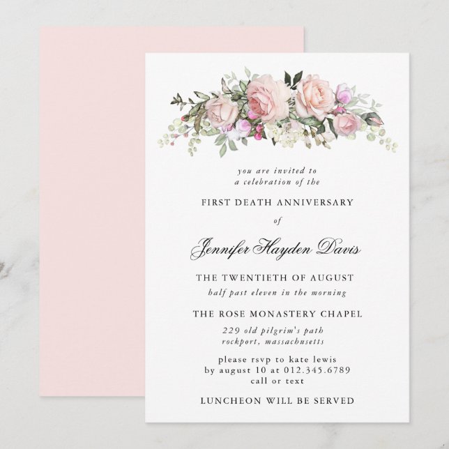 Convites Aniversário da Primeira Morte Floral Rosa Rosa Ros (Frente/Verso)