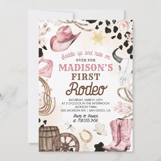 Convites Aniversário da Primeira Rapariga Rosa Rodeo Wild W (Frente)