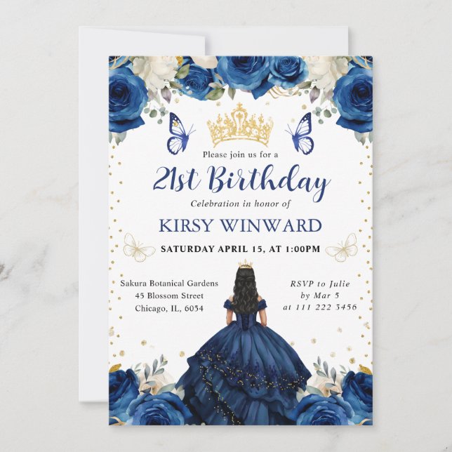 Convites Aniversário da Princesa de Cabelo Preto Vestido Az (Frente)