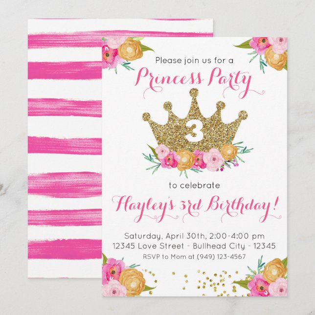 Convites Aniversário da Princesa Floral Rosa (Frente/Verso)