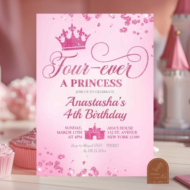 Convites Aniversário da Princesa Fourever com Brilho Rosa (Criador carregado)