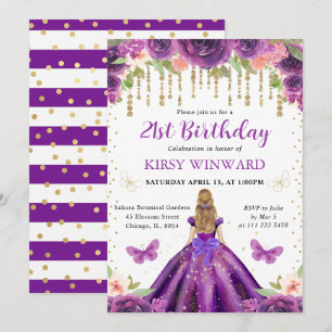 Convites Aniversário da Princesa Loura de Vestido Roxo