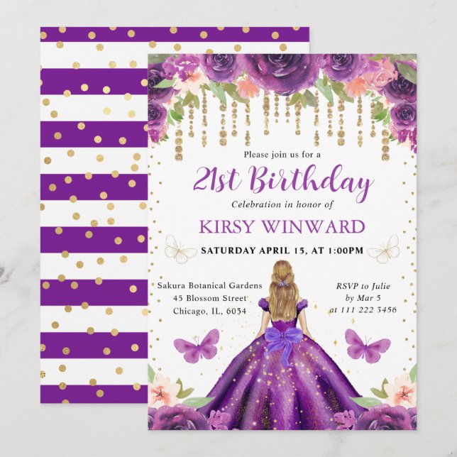 Convites Aniversário da Princesa Loura de Vestido Roxo (Frente/Verso)