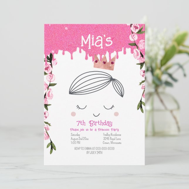 Convites Aniversário da Princesa Meninas, bonito Rosa, Rosa (Em pé/Frente)