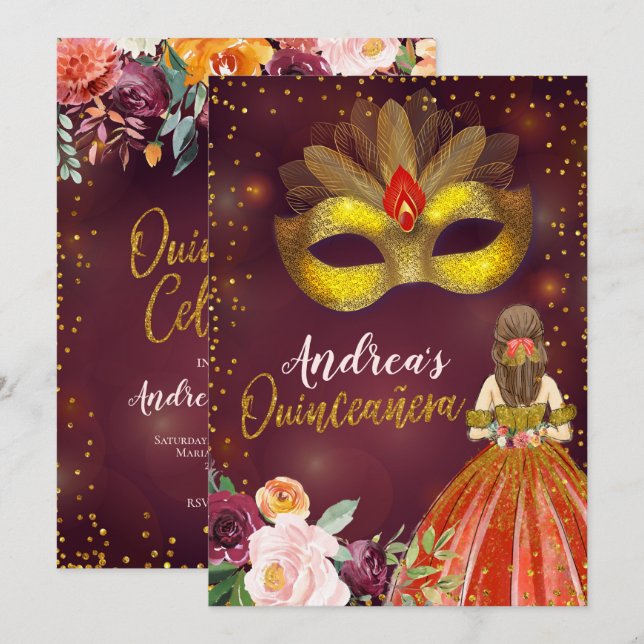 Convites Aniversário da Princesa Quinceañera Vermelha e Dou (Frente/Verso)