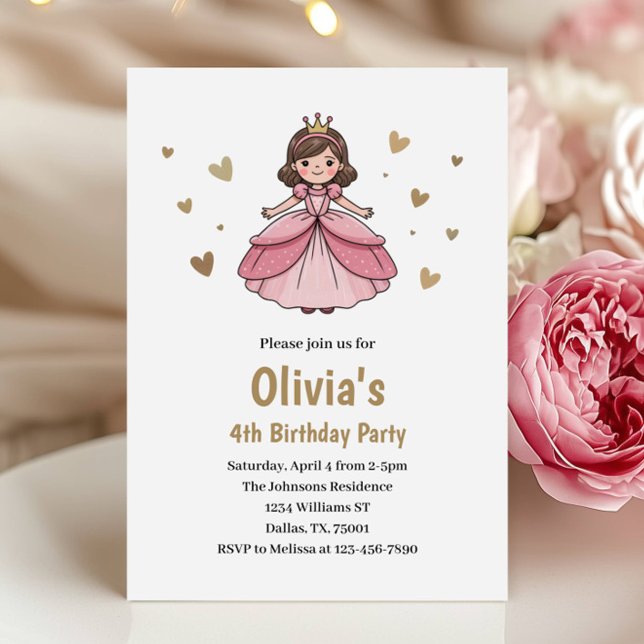 Convites Aniversário da Princesa Rosa Dourado Fofa para Cri (Criador carregado)