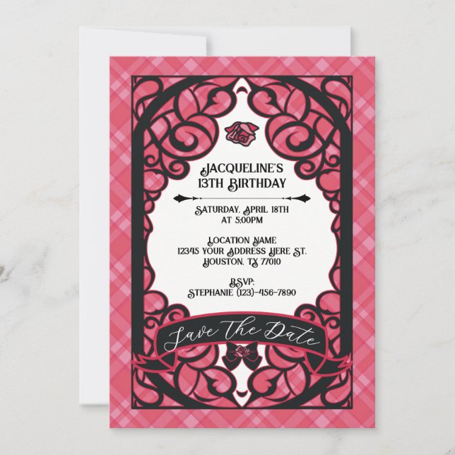 Convites Aniversário da Princesa Rosa e Preto Porta Rosa (Frente)