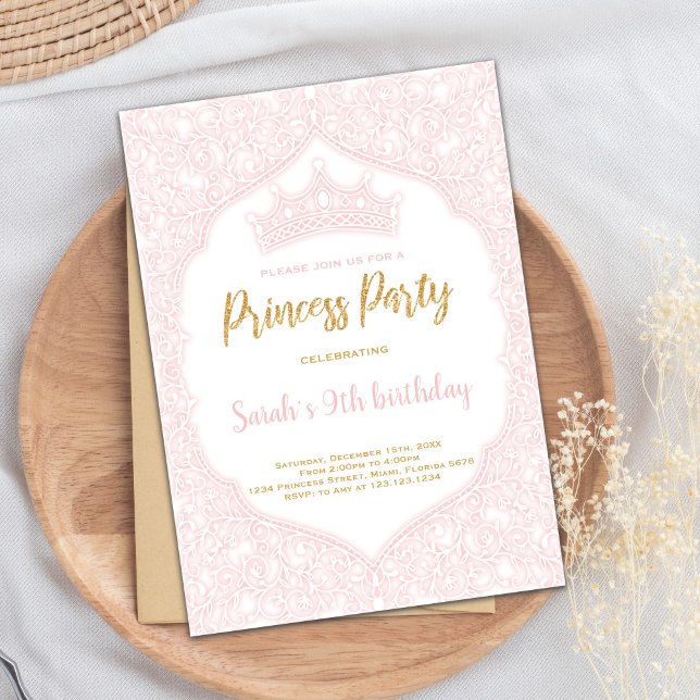 Convites Aniversário da Princesa Rosa Personalizável (Pink Crown Princess Birthday Invitations)