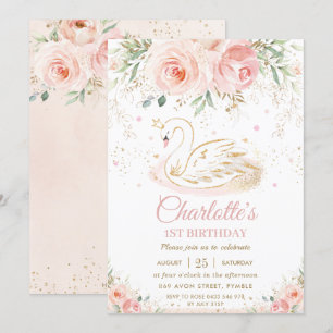 Convites Aniversário da Princesa Swan Blush Floral Dourada