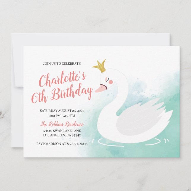Convites Aniversário da Princesa Swan, Rosa e Teal (Frente)