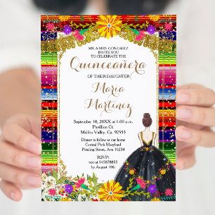 Convites Aniversário da Quinceañera Dourada e Colorida