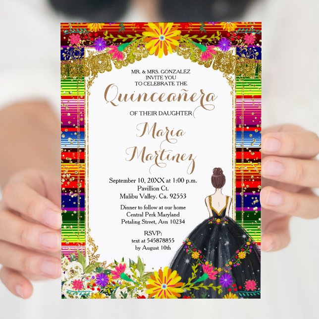 Convites Aniversário da Quinceañera Dourada e Colorida (Criador carregado)