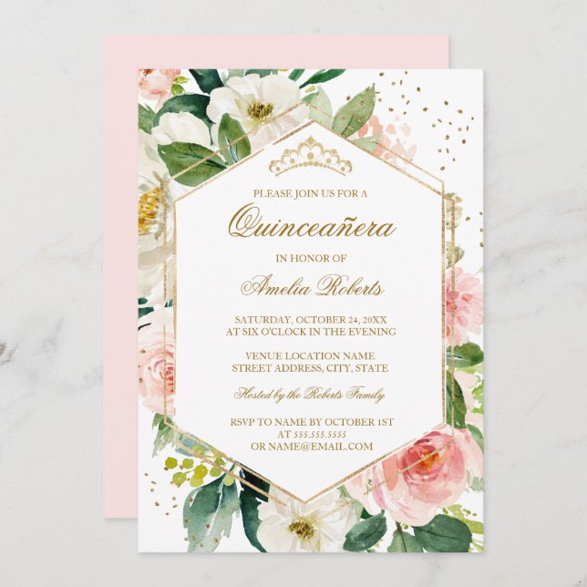 Convites Aniversário da Quinceanera Floral Dourada com Lâmp (Frente/Verso)