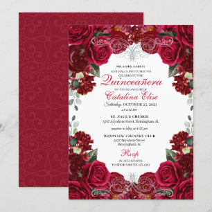 Convites Aniversário da Quinceanera Floral Vermelha e Prat