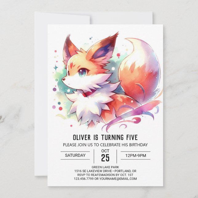 Convites Aniversário da Raposa Encantada com Aquarela (Frente)