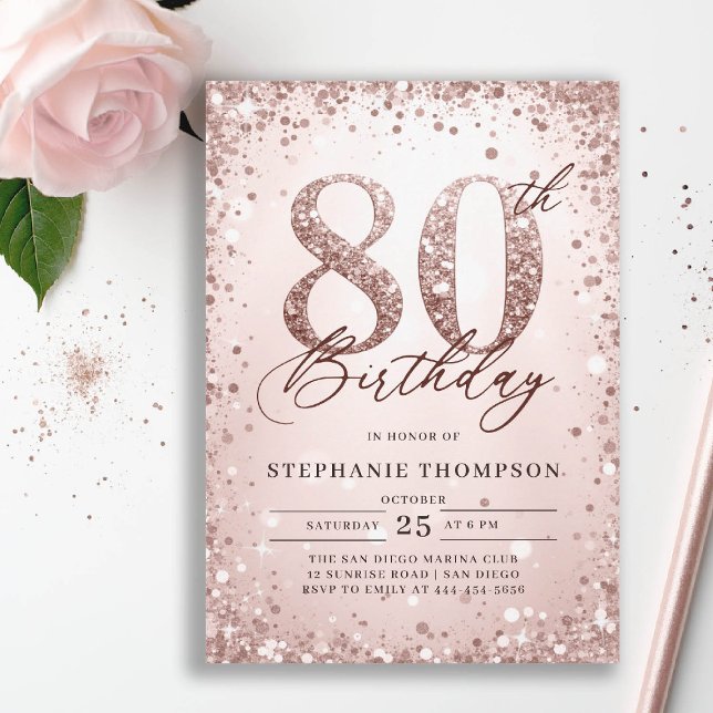 Convites Aniversário da Rosa Bold Calliografia Moderna de 8 (80th birthday invitation for women her glitter sparkle rose gold elegant glam luxury calligraphy)