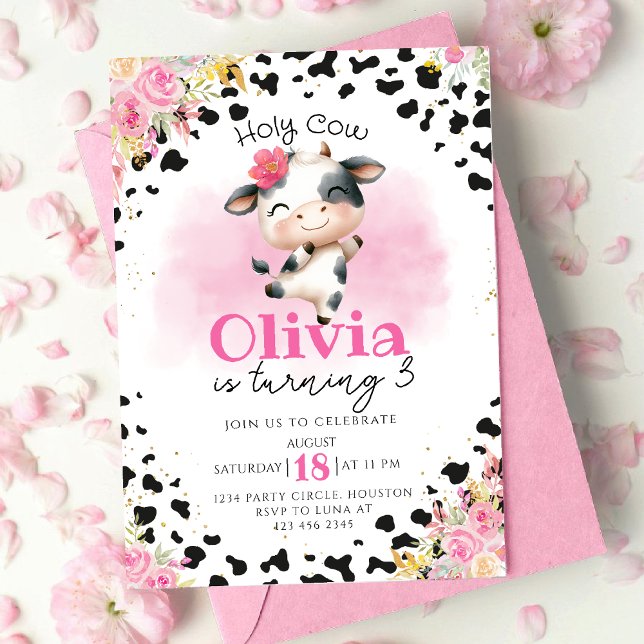 Convites Aniversário da Santa Vaca Rosa Floral (Criador carregado)