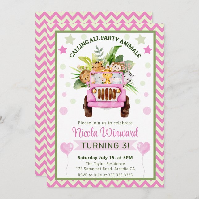 Convites Aniversário da Selva Selva Safari (Frente/Verso)