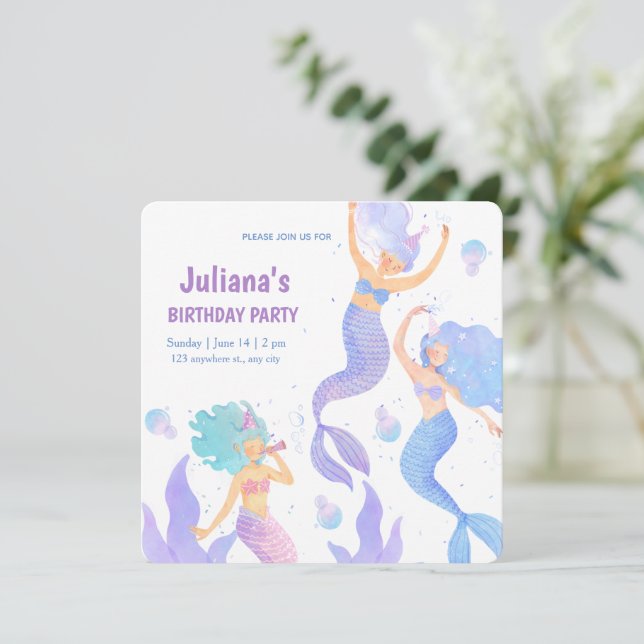 Convites Aniversário da Sereia com Aquarela Violeta e Azul (Em pé/Frente)