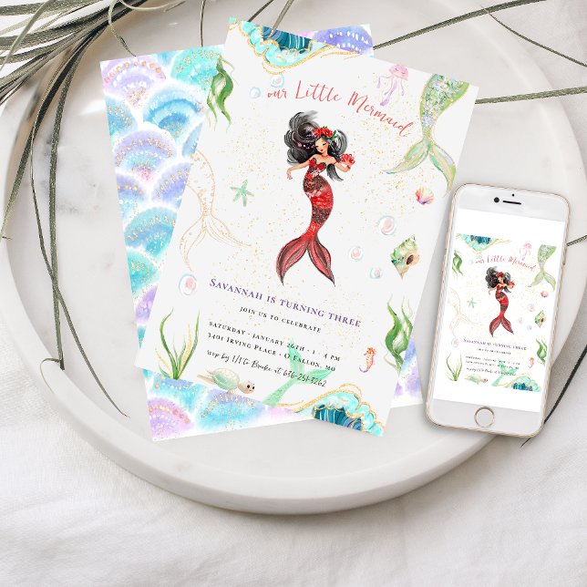Convites Aniversário da Sereia da Glitter de Aquarela (Criador carregado)