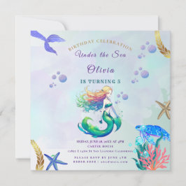 Convites Aniversário da Sereia Roxa e Dourada sob o Mar