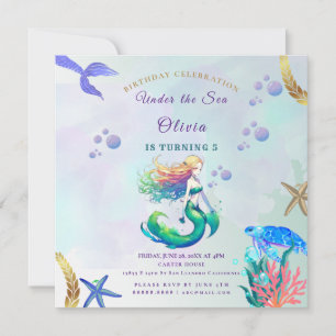Convites Aniversário da Sereia Roxa e Dourada sob o Mar