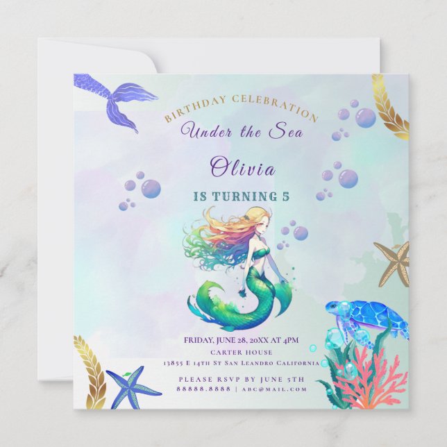 Convites Aniversário da Sereia Roxa e Dourada sob o Mar (Frente)