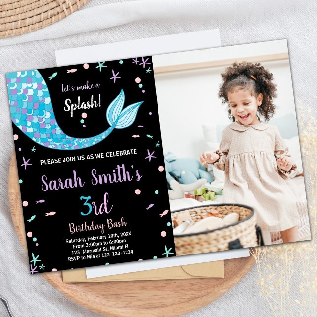 Convites Aniversário da Sereia Verde Negra (Black Green Mermaid Tail Birthday with photo Invitation)