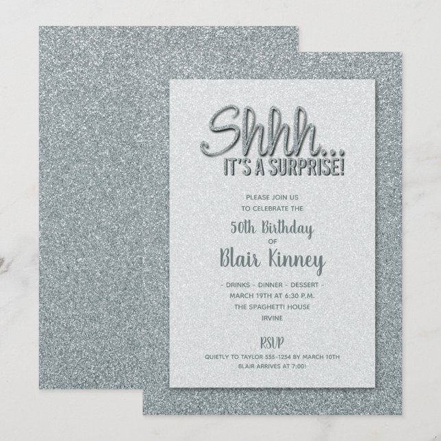 Convites Aniversário da SURPRESA Glitter Silver (Frente/Verso)