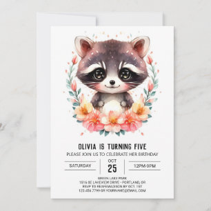 Convites Aniversário da Watercolor Raccoon Girl Editável