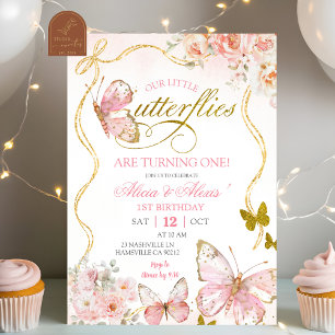 Convites Aniversário das Borboletas Gêmeas Rosa Coquette
