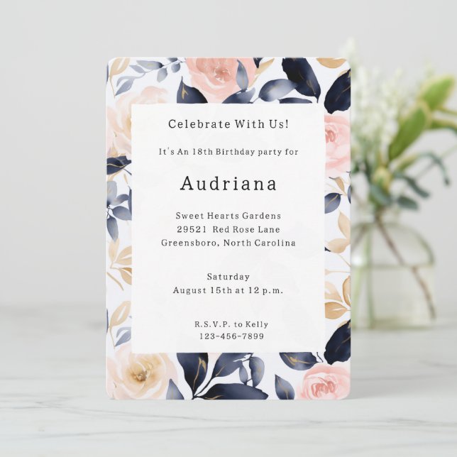 Convites Aniversário das Flores Cinzentas Azuis Rosa (Em pé/Frente)