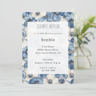 Convites Aniversário das Flores de Denim Branco Azul