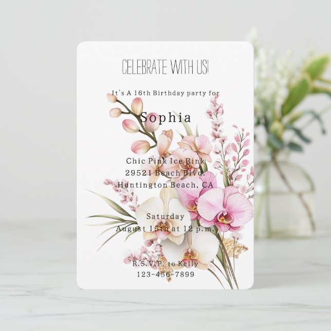 Convites Aniversário das Flores Tropicais Rosa (Em pé/Frente)