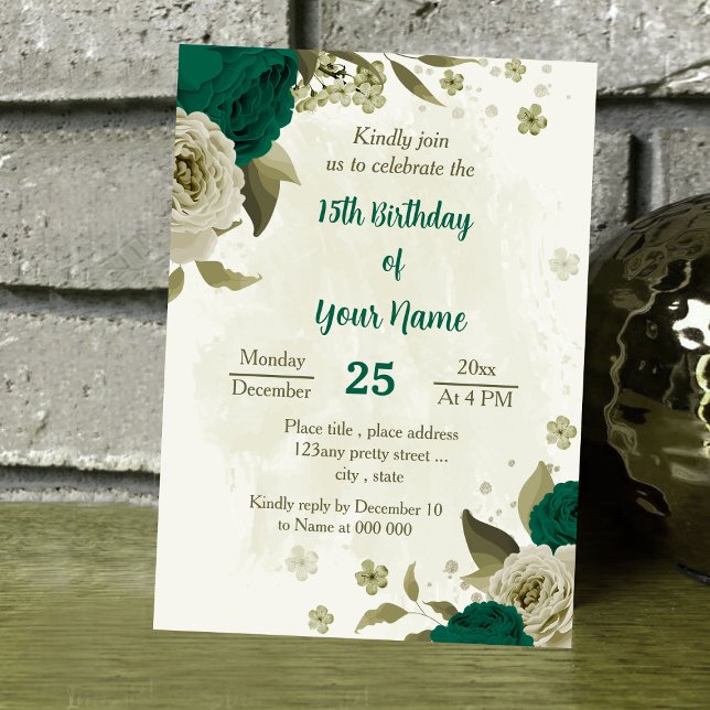 Convites aniversário das flores verdes esmeraldas (Criador carregado)