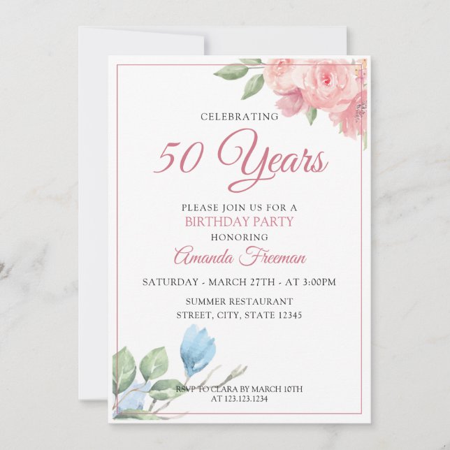 Convites Aniversário das Flores Vermelhas e Azuis Elegantes (Frente)