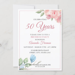 Convites Aniversário das Flores Vermelhas e Azuis Elegantes