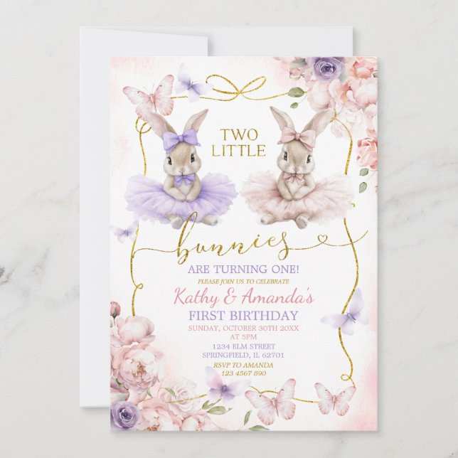 Convites Aniversário das Gémeas Borboleta Roxa Floral Rosa (Frente)